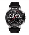 A serious watch for the sport enthusiast, Tissot's T-Race hits the mark. Black rubber strap and round stainless steel case. Black chronograph dial features tachymeter scale at outer rim, three subdials, numerals at twelve, six and nine o'clock, stick indices, magnified date window at three o'clock, logo and red accents. Swiss movement. Water resistant to 100 meters. Two-year limited warranty.