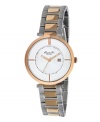 Structured with a hint of rosy hues: a fantastic combination from Kenneth Cole New York. Watch crafted of stainless steel bracelet with rose-gold tone center links and round rose-gold tone stainless steel case. White dial features rose-gold tone stick indices at twelve, three, six and nine o'clock, minute track, date window at three o'clock, rose-gold tone three hands and logo at twelve o'clock. Quartz movement. Water resistant to 30 meters. Limited lifetime warranty.