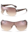 Chic shield sunglasses with a large Marc by Marc Jacob signature logo plate at temples.