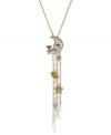 Make the leap. This Y-shaped necklace from Betsey Johnson is crafted from antique gold-tone mixed metal with glitter and glass accents to help light up the night. Approximate length: 16 inches + 3-inch extender. Approximate drop: 8-1/2 inches.