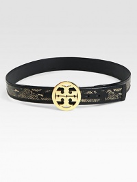 A radiant goldtone, logo buckle with a chic, leather trimmed, snake-print design. Width, about 1½Made in USA