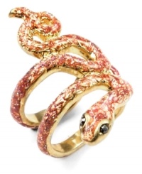 Coiled chic. This fierce snake stretch ring by RACHEL Rachel Roy is the must-have of the season. Crafted in worn gold tone mixed metal with sparkling glass accents, black crystal eyes and pink epoxy. Ring stretches to fit finger.