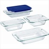 Pyrex Easy Grab 5 piece set includes, 1-ea 3 quart oblong with blueplastic cover, 2 quart oblong, 8 inch square, 1.5 quart loaf dish