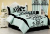 Chezmoi Collection 7-Piece Aqua with Blue and Black Floral Flocking Bed-in-a-Bag Comforter Set, California King