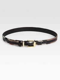 Signature Burberry checks outline this supple leather belt with goldtone buckle.Width, about 2Leather/CottonMade in Italy