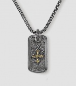 Handsomely textured sterling silver is offset with an 18k solid gold cross. Includes 26 silver chain ½W X 1H Made in USA