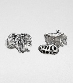 A slice of the jungle for the fashion set, this handsome elephant design is crafted in black rhodium and sterling silver.Sterling silverPeanut backingAbout .67 diam.Made in USA