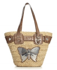 GUESS trims the summery straw bucket purse with patent croc trim for a glam edge, then finishes the look with a girly hardware butterfly!