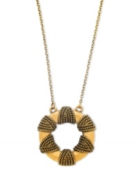 Rounding it out. T Tahari places a textured circle pendant in the center of its 14k gold-plated necklace. Approximate length: 17 inches + 3-inch extender. Approximate drop: 1-3/8 inches.