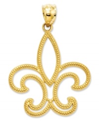 A symbol of the French monarchy, the iconic Fleur de Lis is in a league all its own. This pretty cut-out charm features a patterned surface in 14k gold. Chain not included. Approximate length: 1-1/5 inches. Approximate width: 9/10 inch.