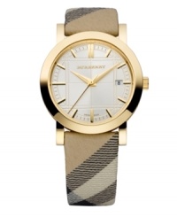 This Burberry timepiece features a Haymarket check leather strap and round gold ion-plated stainless steel case. Etched white dial with gold tone stick indices, date window at three o'clock, three hands and logo. Swiss made. Quartz movement. Water resistant to 50 meters. Two-year limited warranty.