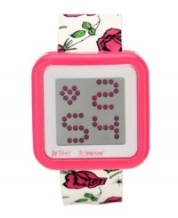 Flaunt your eccentric side with this retro-inspired watch by Betsey Johnson. Floral and spider print silicone strap and square fuchsia polycarbonate case. Positive display digital LCD screen shows time in pink. Quartz movement. Water resistant to 50 meters. Two-year limited warranty. Available exclusively at Macy's!