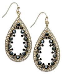 An elegant approach. INC International Concepts' pair of teardrop earrings is crafted from gold-tone mixed metal with glass hematite-tone and clear stones for a stunning effect. Approximate drop: 2-1/2 inches.