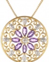 18k Yellow Gold Plated Sterling Silver African Amethyst and Diamond Accent Medallion Pendant Necklace, 18