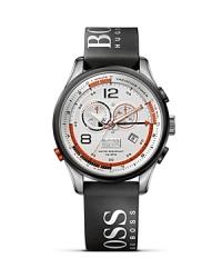 HUGO BOSS' Regatta chronograph features a countdown function, racing chronograph function, and an alarm. A logo printed strap lends a signature finish.