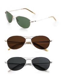 A modern rendition of the classic, in gold with emerald lens, gold with Java lens, or silver with midnight lens.High-quality metal frame Polarized lenses for enhanced visibility 100% UV protection 6 base lens curve Silicone nose pads and temple tips Imported