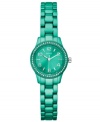 Get vibrant with pops of turquoise! This GUESS watch is crafted with polished aluminum glammed up with unexpected color.