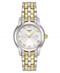 A ballad of tradition, style and finery by Tissot. This watch features a goldtone and silvertone stainless steel bracelet and round case. Silvertone dial with goldtone Roman numerals, logo and date window. Quartz movement. Water resistant to 30 meters. Two-year limited warranty.