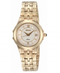 A luxurious pale goldtone and fine details distinguish this women's watch from Seiko. White round dial with textured center, logo and date display. Quartz movement. Water resistant to 50 meters. Three-year limited warranty.