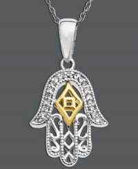 Intricate style and a touch of good luck. This symbolic hamsa pendant features a filigree and cut-out design accented by sparkling diamonds. Crafted in sterling silver with 14k gold accents. Approximate length: 18 inches. Approximate drop: 7/8 inch.