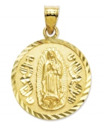 Commemorate Mexico's iconic religious image. Crafted in 14k gold this stunning Guadalupe medal features an intricate diamond-cut design. Approximate length: 1 inch. Approximate width: 7/10 inch.