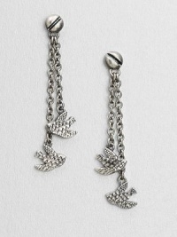 Delicately feathered birds dangle delightfully from graceful chains with screw-head detail.Oxidized rhodium and palladium platingLength, about 2Post backImported