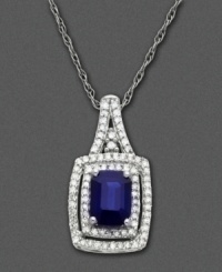 September's birthstone rests proudly in a shining setting on this 14k white gold pendant featuring emerald-cut sapphire (1/6 ct. t.w.) and round-cut diamond (1/4 ct. t.w.).  Approximate length: 18 inches. Approximate drop: 3/4 inch.