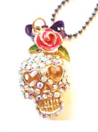 Big Colorful Crystal Skull with Rose Necklace