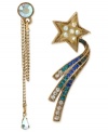 Shining star and stud. This pair of mismatch earrings from Betsey Johnson comes together in harmony. Crafted from antique gold-tone mixed metal with an array of glass accents, the stud and cuff-closure earrings offer a touch of eclectic elegance. Approximate drop, stud with linear chains: 2-1/4 inches; star with cuff: 1-1/4 inches.