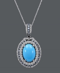 Tasteful shimmer for every season. Carlo Viani's intricate oval pendant highlights a turquoise center stone (4 mm) encircled by rings of round-cut white sapphire (1-1/3 ct. t.w.) and blue topaz (5/8 ct. t.w.). Setting and chain crafted in 14k white gold. Approximate length: 18 inches. Approximate drop: 1-1/2 inches.