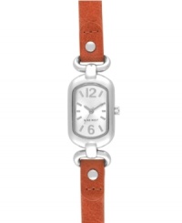 Add an unexpected splash of color with this refined watch from by Nine West. Watch crafted of orange leather strap and oval silver tone mixed metal case. Silver tone dial features tonal applied stick indices, numerals at twelve and six o'clock, silver tone hour and minute hands, sweeping second hand and logo at six o'clock. Quartz movement. Limited lifetime warranty.