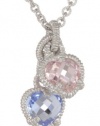 Judith Ripka Linen Silver Twin Heart Pink and Blue Pendant Necklace, 17