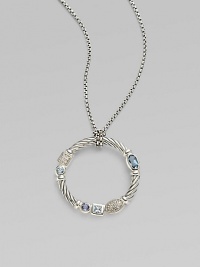 From the Confetti Collection. A wreath-shaped cable pendant, luxuriously set with pavé diamonds and other gemstones, dangles from a sterling silver chain. Diamonds, 0.05 tcw Blue topaz and iolite Sterling silver Chain length, about 16 Pendant diameter, about 1 Lobster clasp Made in USA