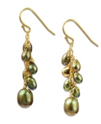 Light up the night, or day! Shimmery green cultured freshwater pearls (5-9 mm) and glittering pyrite beads (2-1/3 ct. t.w.) create a chic statement on these cluster earrings. Set in 18k gold over sterling silver. Approximate drop: 1-1/4 inches.