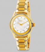 From the Orchestra Collection. Add a little sparkle with this Swarovski crystal accented timepiece. Quartz movementWater resistant to 10 ATMRound goldtone ion-plated stainless steel case, 40.5mm (1.6) Smooth bezelMother-of-pearl dialSwarovski crystal hour markersGoldtone ion-plated stainless stee link braceletImported