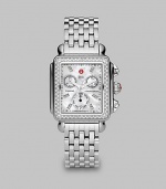 From the Deco Collection. A brilliant diamond accented design with a beautiful mother-of-pearl dial on a stainless steel bracelet. Swiss quartz movementWater resistant to 5 ATMRectangular stainless steel case, 33mm (1.3) X 35mm (1.4)Diamond accented bezel and markers, .66 tcwMother-of-pearl chronograph dialDate display at 6 o'clockSecond hand Stainless steel link bracelet, 18mm (.7)Imported