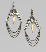 From the Jewels Verne Collection. Polished and oxidized sterling silver with a goldplated spike drop.Crystal Sterling silver Yellow goldplated Length, about 2½ 14K gold post with omega clip Imported 