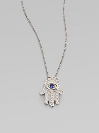 From the Tiny Treasures Collection. Sparkling diamond pavé with a single sapphire accent in an iconic Hamsa design.Diamond, 0.14 tcw Blue sapphire 18k white gold Adjustable length, about 16 - 18 Pendant length, about ½ Lobster clasp closure Made in Italy