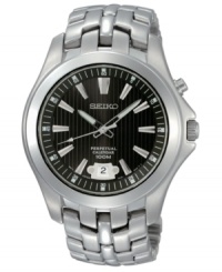 The future of timekeeping. Once set, the calendar on this Seiko watch automatically adjusts for odd and even months, including February of leap years. Stainless steel bracelet and round case. Black dial with silvertone stick indices, logo and date window. Perpetual calendar movement. Water resistant to 100 meters. Three-year limited warranty.