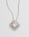 A distinctively faceted square of cubic zirconia is framed by shimmering pavé crystals in this lovely design on a silvery chain.Crystal and cubic zirconiaRhodium platingChain length, about 16Pendant, about ½ squareLobster claspImported