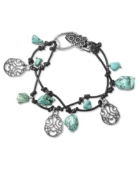 Knot your typical bracelet. Lucky Brand's leather bracelet features reconstituted semi-precious turquoise nuggets and silver tone openwork charms on a knotted leather cord. Approximate length: 7-1/2 inches.