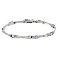 Sterling Silver Diamond Accented Emerald-Cut Amethyst Link Bracelet