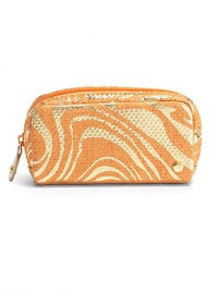 THE LOOKZebra-inspired metallic swirls on canvasPetite rectangular silhouetteTop zip closure with studded leather pullSignature goldtone S studInside logo printTHE MEASUREMENT5¾W X 3H X 1½DTHE MATERIALCanvasFully linedORIGINImported