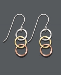 Petite and polished. Three interlocking circles in a triad of metallics create a complementary look in this chic, Studio Silver style. Crafted in sterling silver, 18k gold over sterling silver, and 18k rose gold over sterling silver. Approximate drop: 1-1/4 inches.