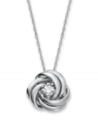 Nestled in the center of knotted, white gold bands sits a precious diamond (1/10 ct. t.w.) as a pure symbol of affection. This Wrapped in Love™ Diamond necklace truly makes a profound statement whenever worn. Setting and chain crafted in 14k white gold. Approximate length: 18 inches. Approximate drop: 1/2 inch.