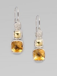 From the Chiclet Collection. A graduated design with brilliant diamonds, 18k gold and faceted citrine in sterling silver. Citrine and 18k goldDiamonds, .13 tcwSterling silverDrop, about 1Hook backImported 