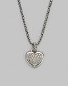 From the Hearts Collection. A sweet heart with a center of pavé diamonds hangs from a sterling silver cable bale and box chain. Diamonds, 0.23 tcw Sterling silver Chain length, about 17 Pendant length, about ¾ including bale Lobster clasp Made in USA