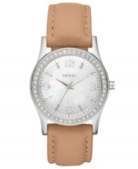 Enduring simplicity from DKNY. A watch with rich leather and shimmering crystal accents.