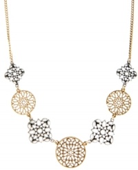 A delicate design. Pretty openwork patterns decorate Lucky Brand's beautiful collar necklace. Crafted in gold and silver tone mixed metal. Approximate length: 18 inches.