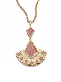 THE LOOKAbstract peacock pendantPink python skin detailsCircle chainLobster clasp THE FITChain, about 36 longPendant, about 2 wideTHE MATERIAL14k gold plate and python skinORIGINMade in USA